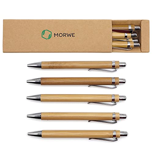 MORWE – Nachhaltiges Kugelschreiber Set/Edles Schreibset aus 5 Holz Kugelschreibern/Hochwertiger Bambus Kugelschreiber als nachhaltiges Geschenk für Kollegen, Freunde, Büro