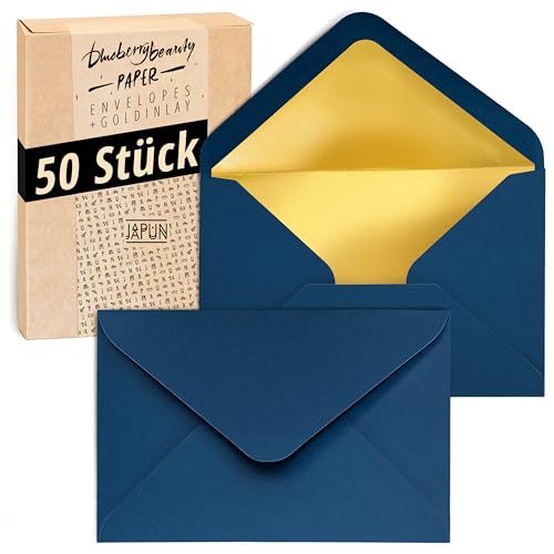 Japun – Briefumschläge (50 Stück), Kuvert, Umschlag ohne Fenster - DIN C6-162 x 114 mm - innen: Gold - Papier-Farbe: blau