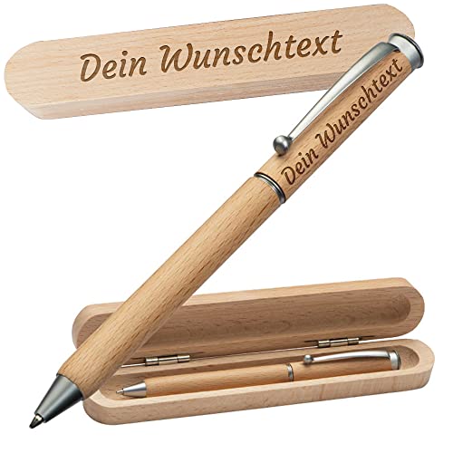 Holz Kugelschreiber mit personalisierter Wunschgravur - inklusive Etui aus Echtholz - für Büro, Schule, Uni, Homeoffice - auswechselbare Schreibmine - Geburtstagsgeschenk