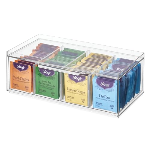 iDesign Teebeutel Aufbewahrungsbox, Tee Aufbewahrung mit 4 Fächern, Deckel und Schubladenfunktion aus Kunststoff, stapelbare Teebox mit verstellbaren Trennwänden, durchsichtig