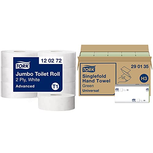 Tork 120272 Jumbo Toilettenpapier Qualität für Tork T1 Jumbo Toilettenpapiersysteme (6 x 1800 Blatt) & grüne Zickzack Papierhandtücher Universal 290135 - H3 Falthandtücher, grün - 20 x 200 Tücher