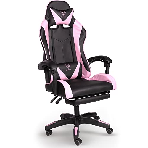 Trisens Gaming-Stuhl mit Fußstützen - Bürostuhl ergonomisch stufenlos einstellbar - Gamer Chefsessel, Computer Office Chair, Schreibtischstuhl, Büro Stuhl, Farbe:Schwarz/Rosa