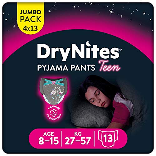 Huggies DryNites hochabsorbierende Nachtwindeln bei Bettnässen, für Mädchen 8-15 Jahre, 4 x13 Stück, Monatspack, Windel-Pants