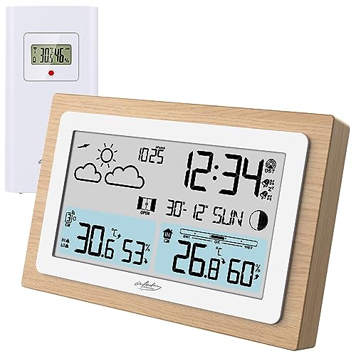 infactory Thermometer: Funk-Wetterstation im Echtholz-Rahmen, Wettervorhersage, Uhr, Wecker (Wetterstation WLAN, Wetterstation Wind, Wetter)