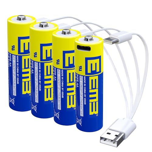 EEMB Lithium Batterie AA，Wiederaufladbare 1,5v Batterien AA USB Lithium ionen Akku 2600 mWh mit 4 in 1 Typ C Ladekabel, Schnellladung in 2 Stunden【4 Stück】