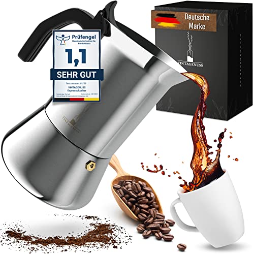 VINTAGENUSS Espressokocher Induktion für 4-6 Tassen - besonders hochwertige Mokkakanne aus Edelstahl, Camping Kaffeekocher, Espressokanne, Espressomaker- für alle Herdarten geeignet