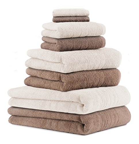 Betz 8er Set Handtücher Handtuch Deluxe 100% Baumwolle 2 Badetücher 2 Duschtücher 2 Handtücher 2 Seiftücher Farbe Mokka und Creme