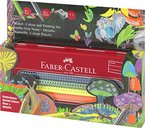 Faber-Castell 110940 - Jumbo Grip Malset, 10er Etui, Neon & Metallic, mehrere Farben