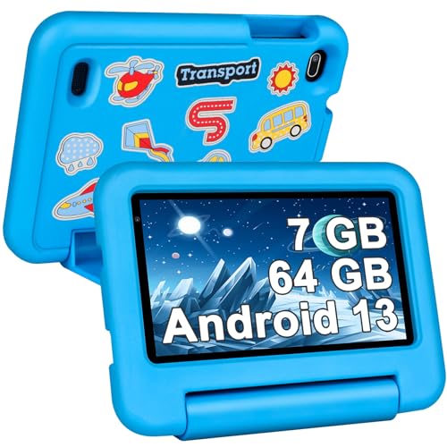 SEBBE Kinder Tablet Android 13, Kids Tablet 7 Zoll mit Quad Core | Kindersicherung | Vorinstalliert mit Kinder Apps | 3500mAh | WLAN | Kinder Bildung+Spiele | Bluetooth 5.0, Tablet mit Holster - Blau