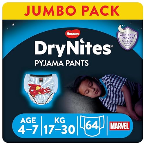 DryNites saugfähige Nachtwindeln bei Bettnässen, Für Jungen 4-7 Jahre (17-30 kg), 64 Stück, Jumbo Monatspackung