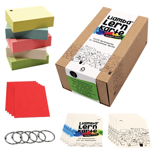Liamba Lernkarte Pocket Color | 5 x 100 Karteikarten mit praktischen Ringen | Recyclingkarton | DIN A8 Format | 7,4 x 5,2 cm | in 5 Farben | 160g/m² | liniert | in Deutschland hergestellt
