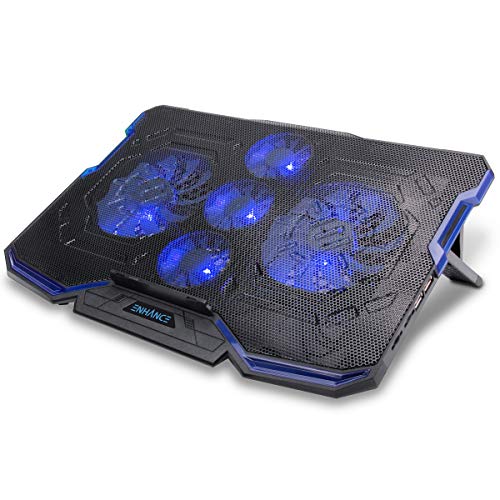 ENHANCE Cryogen Gaming Laptop Kühler - Passend für Laptop 17 Zoll (43,2 cm) Computer - Verstellbarer Laptop Cooler Ständer mit 5 Ultra Leisen Lüftern und 2 USB-Ports - Schlankes Design - Blau LED