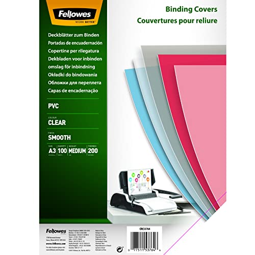 Fellowes PVC Deckblatt für Plastikbindung und Drahtbindung - Stärke 200 Mikron - transparent - Format DIN A3 - Packung mit 100 Stück