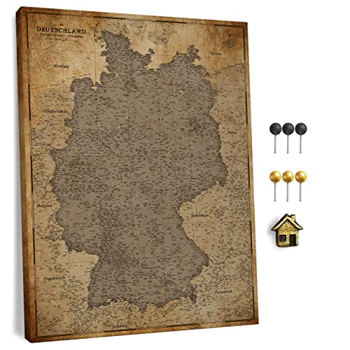 Canvas Deutschlandkarte mit Pinnwand Kork zum Pinnen der Reiseziele - Wanddeko für Jeden Raum - Hochwertige Leinwand Bilder mit Deutschlandkarte in Verschiedenen Größen (70x50 cm, Entwurf 1)