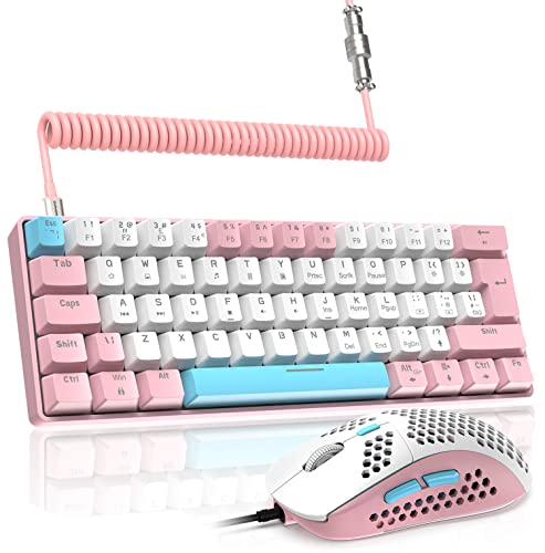 LexonElec T60PRO 60% mechanische Tastatur und Maus mit gewickeltem USB-C-Kabel, RGB-LED-Hintergrundbeleuchtung, Clicky-Optisch, blaue Schalter, Gaming-Tastatur, 6400 DPI, Mac, Gamer (rosa und weiß)