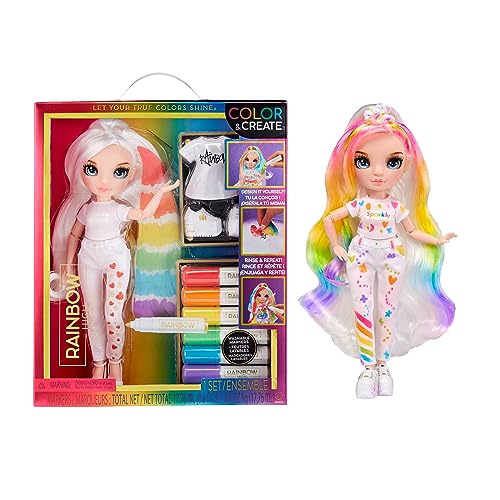 Rainbow High Color & Create DIY Modepuppe - Blaue Augen, glattes Haar, extra Top & Schuhe, abwaschbare Regenbogenstifte - Ausmalen, Gestalten, Spielen, Abwaschen - Für Kinder von 4-12 Jahren & Sammler