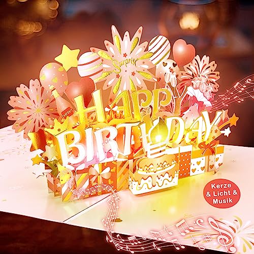 LITTLEJSY Geburtstagskarte mit Lichtern und Musik Blowable LED Licht Kerze Geburtstagskarten 3D Pop Up Singende Karte Geburtstag für Frau, Mädchen