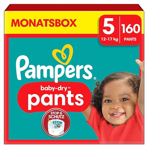 Pampers Windeln Pants Größe 5 (12-17kg) Baby-Dry, Junior mit Stop- und Schutz Täschchen, MONATSBOX, 160 Höschenwindeln