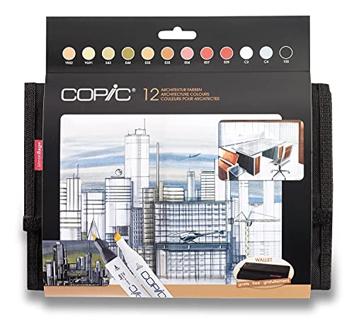 COPIC Classic Marker 12er Set 'Architektur-Farben' im Wallet, professionellee Layoutmarker mit einer mittelbreiten und einer feinen Spitze