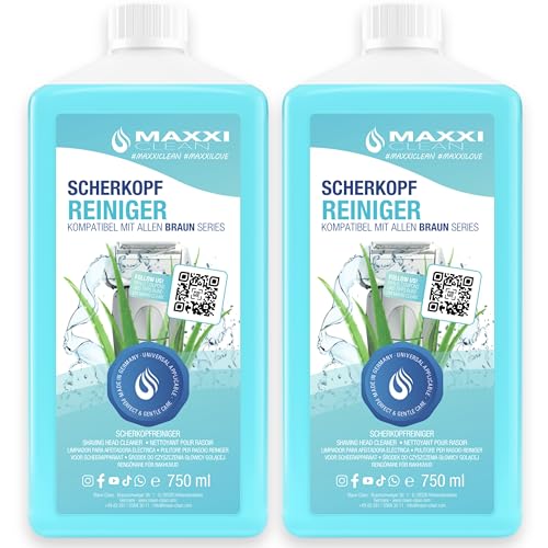 Maxxi Clean | 2x 750 ml Nachfüllflüssigkeit Scherkopfreiniger für Reinigungskartusche | Rasierer Reinigungsflüssigkeit kompatibel mit Braun Reinigungsstation | Reinigungsspray mit Aloe Vera Duft