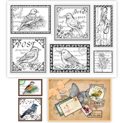 GLOBLELAND Vintage Vögel Briefmarken Hintergrund Klare Briefmarken für DIY Scrapbooking Dekor Retro Blumen Wörter Rahmen Transparente Silikonstempel für die Herstellung von Karten Fotoalbum Dekor
