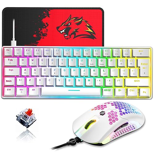 ZIYOU LANG 60% Compact RGB Gaming mechanische Tastatur Weiß Set Combo - Rot Schalter - Mini QWERTY Layout Abnehmbares USB-C Kabel - 12000 DPI Bienenwabe Programmierung Maus für pc ps4 Xbox Tablet