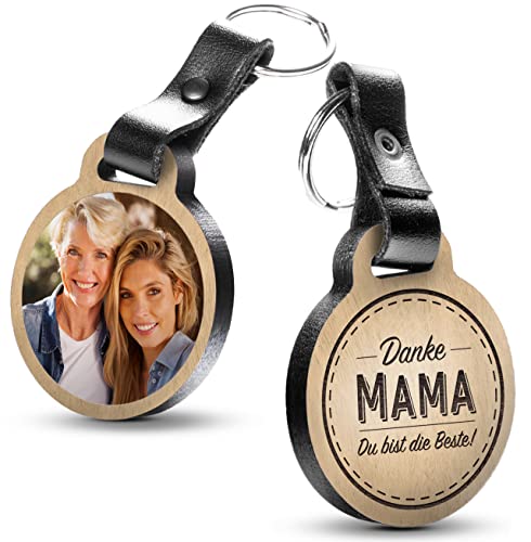 Premium „Danke Mama - Du bist die Beste“ - Foto-Schlüsselanhänger aus Eichenholz mit dunklem Echtleder und Gravur - personalisierte Geschenkidee für Weihnachten