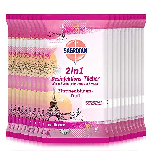 Sagrotan 2in1 Desinfektionstücher Paris Edition mit Zitronenblüten-Duft – Zum Desinfizieren von Händen und Oberflächen – 20 x 10 Feuchttücher in Design-Verpackung für die Reise