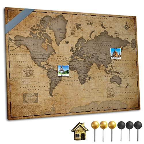Canvas Weltkarte mit Pinnwand Kork zum Pinnen der Reiseziele - Wanddeko für Jeden Raum - Hochwertige Leinwand Bilder mit World Map in Verschiedenen Größen (60x40 cm, Entwurf 1)