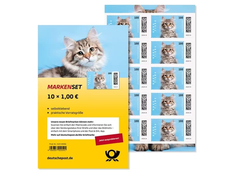 Markenset 10 x 1,00 Haustiere Katze 1,00 Euro Briefmarken selbstklebend Markenset 10er Frankaturware stamp set 10er + Becopa® Schutz