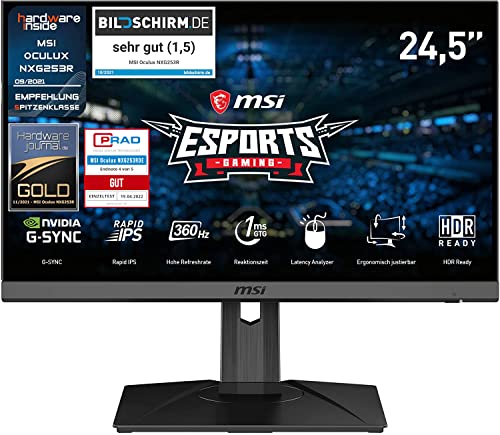 MSI Oculux NXG253RDE 24,5 Zoll FHD Esports Gaming Monitor - 1920x1080 Rapid-IPS Panel, 360 Hz/1 ms GtG, G-SYNC, HDR, Mystic Light, einstellbarer Standfuss /VESA, DP 1.4, HDMI 2.0b, Schwarz