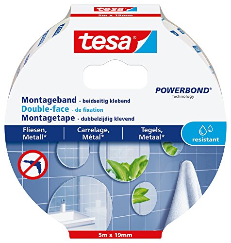 tesa Powerbond Montageband für Fliesen & Metall, feuchtraumbeständig, mit bis zu 10 kg Haltekraft pro Meter - doppelseitiges Montageklebeband für glatte Oberflächen - 5 m x 19 mm