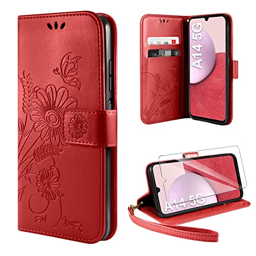 ivencase Handyhülle für Samsung Galaxy A14 5G Hülle mit 1 Stück Hartglas Schutzfolie, Flip Lederhülle Tasche Case Magnet Kartenfach Schutzhülle für Samsung Galaxy A14 (Rot)