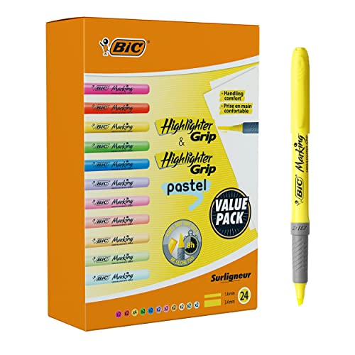 BIC Highlighter, Textmarker, 24er Pack, in verschiedenen Farben inkl. Pastell, mit Keilspitze, Strichstärke: 1.6 bis 3.4 mm, mit Austrocknungsschutz