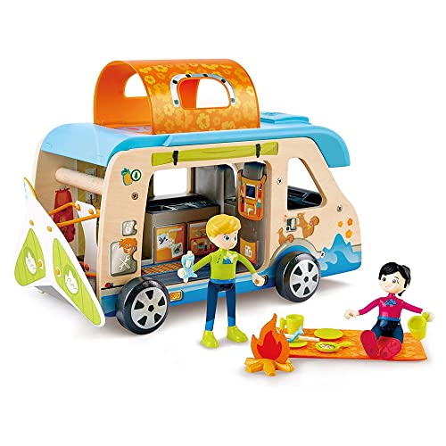 Hape Abenteuer-Van | Wohnmobil mit Puppen und Zubehör, der Camper ist aufklappbar, ab 3 Jahren