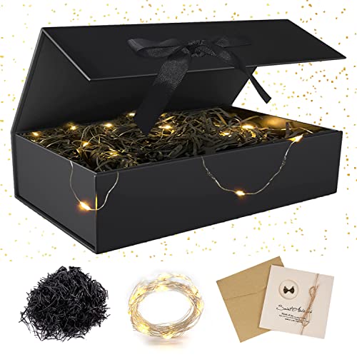 Geschenkbox mit Deckel, mit Schleifen,Faltbare Geschenkkarton mit Magnetisch, Grußkarten,Raffia Hamper Shreds,LED-Lichterkette,für Hochzeit Geburtstag Weihnachten