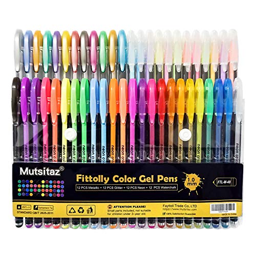 Mutsitaz 48 Stück Gelschreiber Gelstifte Set Inklusive Glitter Metallisch Pastell 4 Arten für Zeichnen Schreiben Erwachsene und Malbücher by