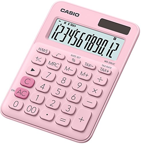 CASIO Tischrechner MS-20UC-PK, 12-stellig, in Trendfarben, Steuerberechnung, Zeitumrechnung, Solar-/Batteriebetrieb, 2.3 x 10.5 x 14.95 cm