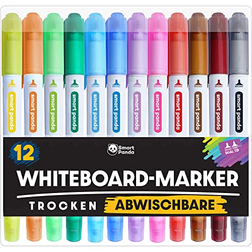 Whiteboard Marker von SmartPanda – Whiteboard Stifte, Folienstift Abwischbar - Doppelspitze, Medium und Fein – Abwischbare Stifte, non Permanent Marker, Whiteboardmarker – 12er Set