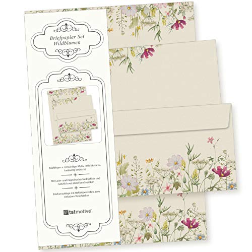 TATMOTIVE Wildblumen 25 Sets Briefpapier mit Umschläge, Feines Design, erstklassiges 90g Naturpapier, beidseitig floral Natur für Frauen Erwachsene Brief Set