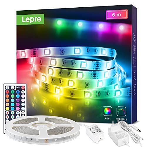 Lepro LED Strip 6M, RGB LED Streifen Selbstklebend 5050 SMD, LED Band 24VDC, LED Lichtband IP20, LED Leiste Lichterkette Dimmbar mit Netzteil Fernbedienung Controller für Haus, Party, Küche