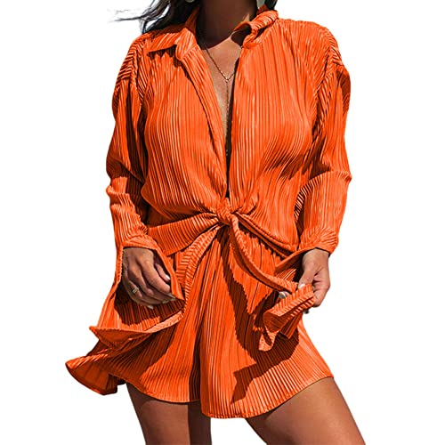 Damen Zweiteiliges Short Sommer 2 Teiler Outfit Revers Kurzarm Einfarbig Strickjacke Kurz Hosenanzug Modern Freizeitanzug mit Gürtel Orange S