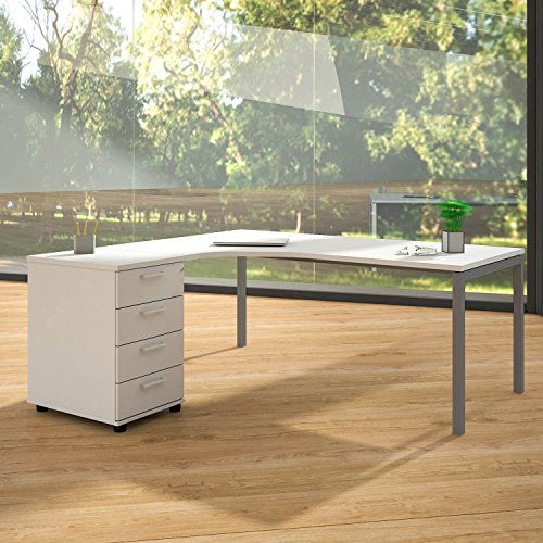 Weber Büro Winkelschreibtisch mit Standcontainer NOVA XL 180x163cm Weiß Eck-Schreibtisch, Gestellfarbe:Silber