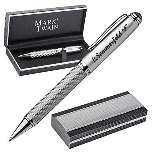 Mark Twain Exklusive Kugelschreiber mit Gravur aus Metall inklusive Geschenkbox - in silbernem Karbondesign - Geschenk zum Geburtstag Jubiläum verschiedene Anlässe PS152