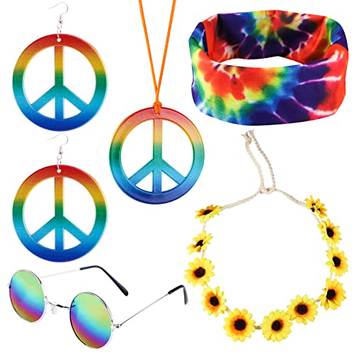 Jodsen Hippie Kostüm Set,5 Stücke Hippie Accessoires Friedenszeichen Halskette,Ohrring,Brille,Blumenstirnband,Buntes Hippie Stirnband,60er 70er Jahre Kleid Accessoires für Schick Frauen Männer Kleid
