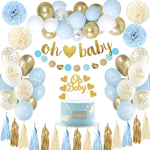 Baby Shower Deko Boy, Babyparty Deko Junge, Blau Weiß Baby Shower Dekoration, Baby Party Deko Neutral mit Oh Baby Banner, Blau Luftballons Girlande für Baby Shower Babyparty Junge Deko