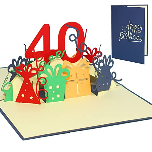 LINPOPUP® 3D Pop-Up Karte 40 Geburtstag, Geburtstagskarte mit Umschlag, Happy Birthday - Gutscheinkarte zum Geburtstag, Geschenk für Freund, Mann, Zahl 40 blau, N19