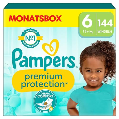 Pampers Baby Windeln Größe 6 (13kg+) Premium Protection, Extra Large, MONATSBOX, bester Komfort und Schutz für empfindliche Haut, 144 Stück