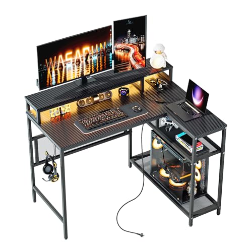 WASAGUN L förmiger Gaming Schreibtisch,Eck Computertisch für das Heimbüro,107cm Umkehrbarer Eck Computertisch,Kleiner Gaming Tisch mit LED Licht,Monitorständer,Steckdose und USB,schwarz