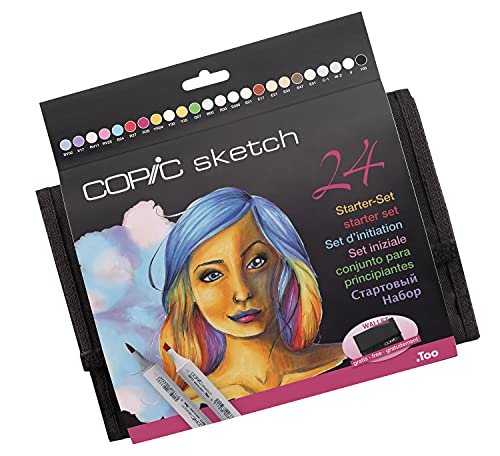 COPIC Sketch Marker Starter-Set mit 24 leuchtenden Farben im Wallet, professionelle alkoholbasierte Pinsel-Marker mit einer flexiblen und einer mittelbreiten Spitze
